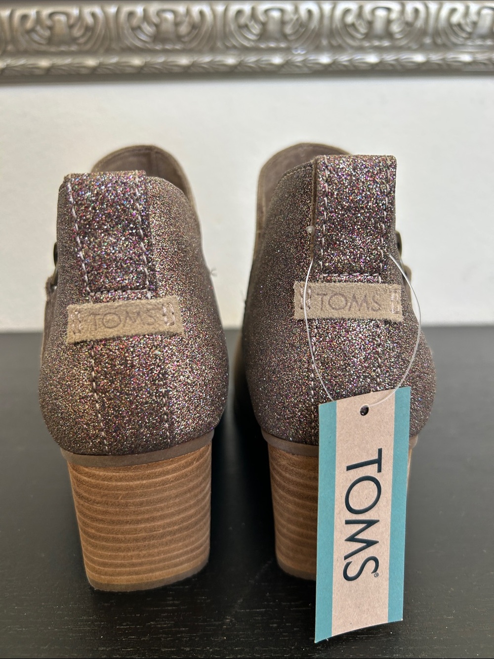 Toms Taupe Suede Ankle Booties with Multicolor Glitter Heel - Picture 3 of 6